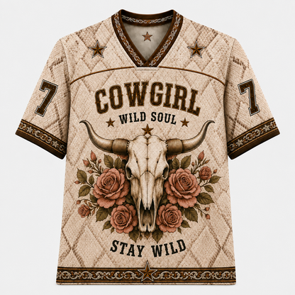 Cowgirl Wild Soul Mesh Jersey – Vintage Western Longhorn Bull Skull & Rose
