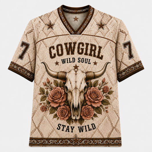 Cowgirl Wild Soul Mesh Jersey – Vintage Western Longhorn Bull Skull & Rose