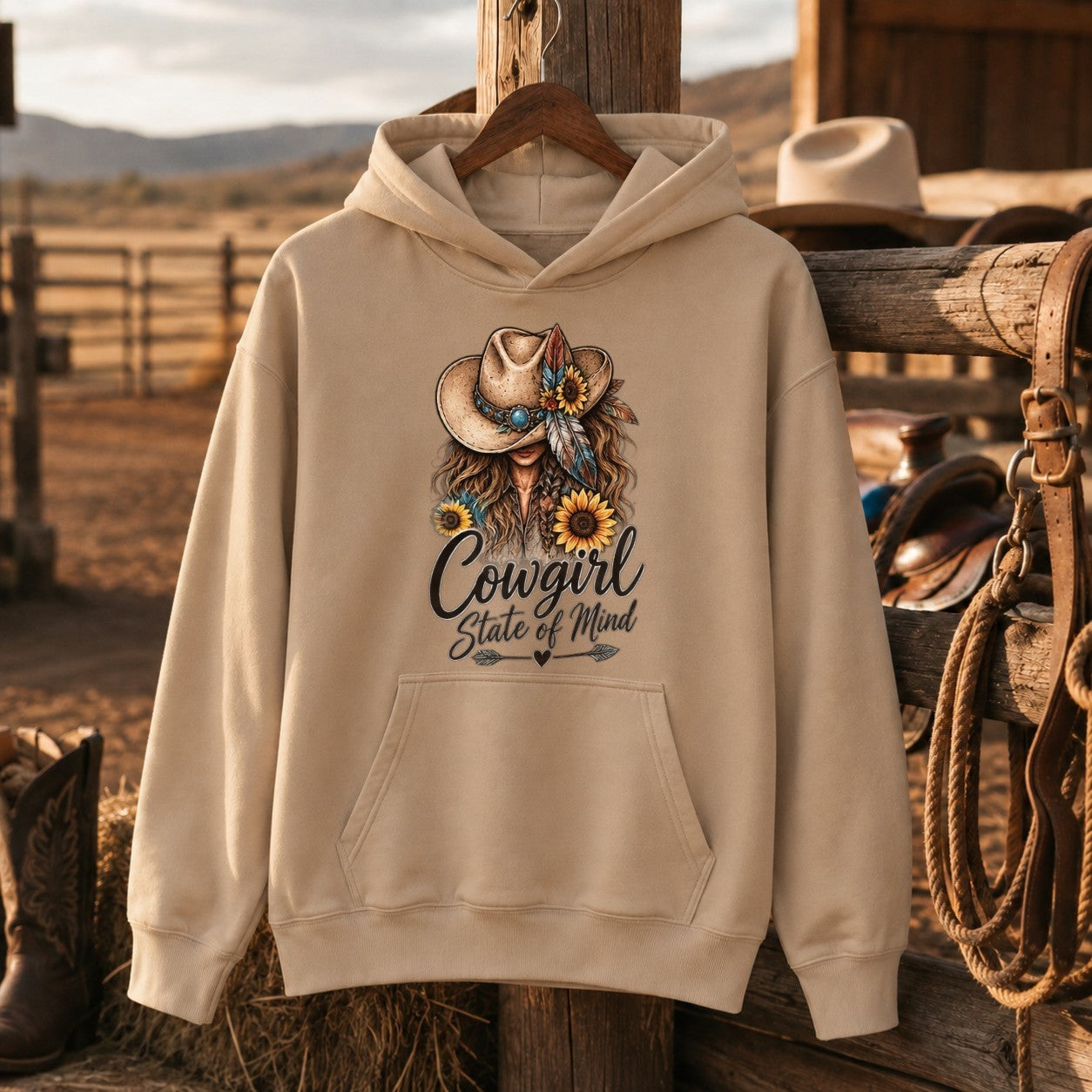 Cowgirl State Of Mind Western Shirt, Cowgirl Hat Sunflower – Unisex Tshirt/Hoodie/Sweatshirt