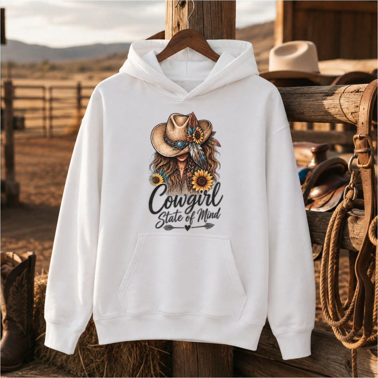 Cowgirl State Of Mind Western Shirt, Cowgirl Hat Sunflower – Unisex Tshirt/Hoodie/Sweatshirt