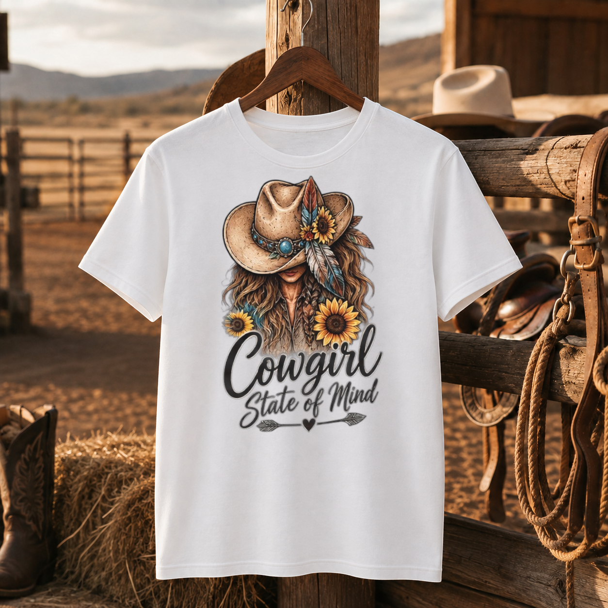 Cowgirl State Of Mind Western Shirt, Cowgirl Hat Sunflower – Unisex Tshirt/Hoodie/Sweatshirt