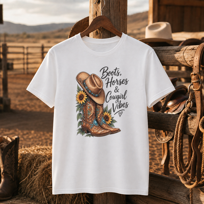 Boots Horses & Cowgirl Vibes Western Shirt, Cowgirl Boots Sunflower – Unisex Tshirt/Hoodie/Sweatshirt