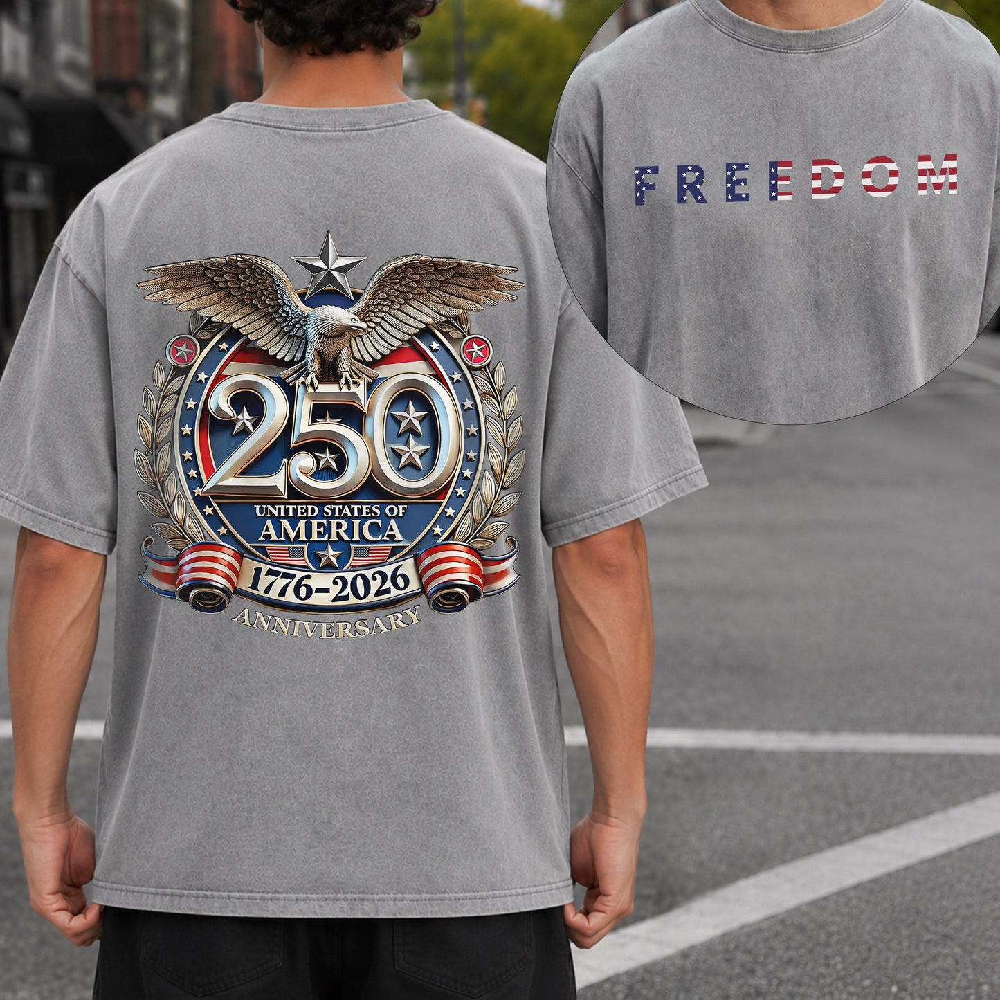 [Two Side]Washed T-Shirt | America 250th Anniversary Eagle Back Design, Unisex Patriotic Tee