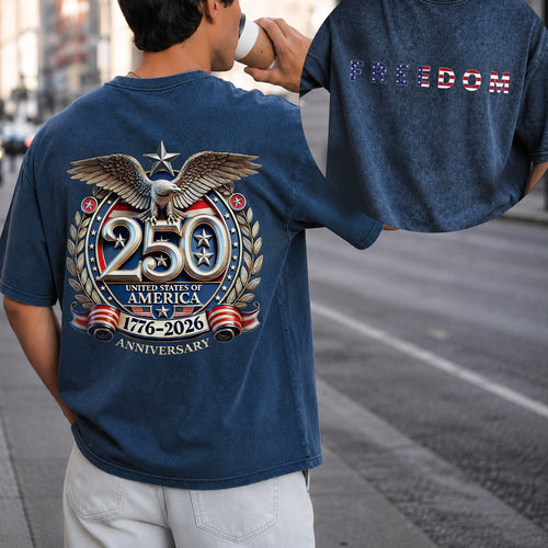 [Two Side]Washed T-Shirt | America 250th Anniversary Eagle Back Design, Unisex Patriotic Tee
