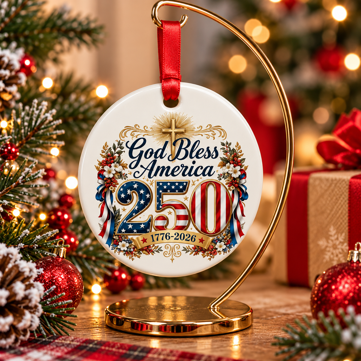 1776–2026 God Bless America Ceramic Ornament.