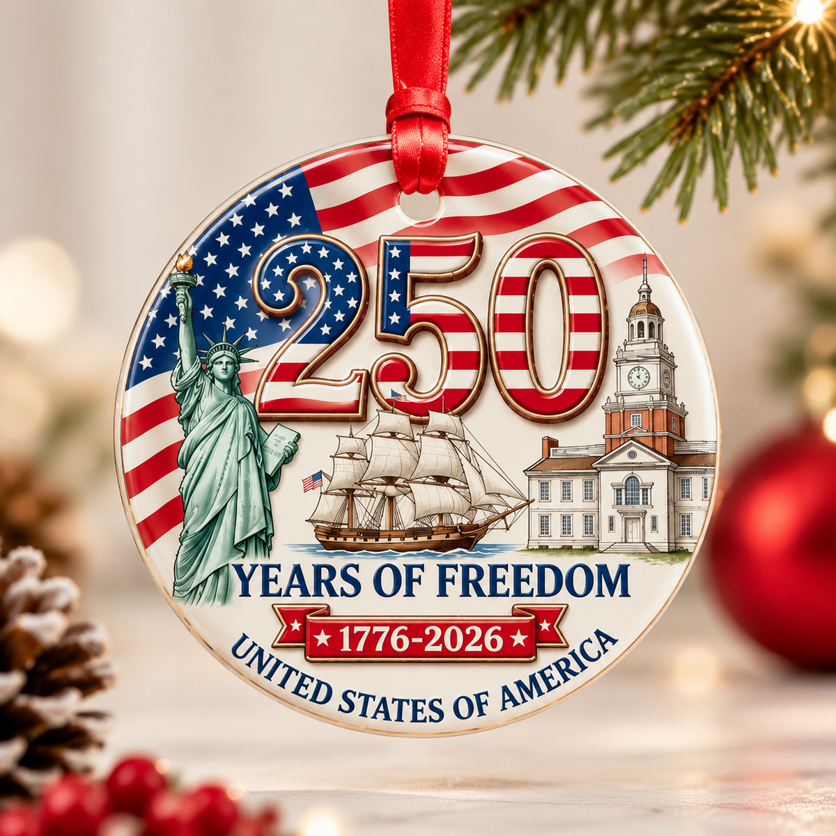 250 Years of Freedom 2026 3-Inch American Flag Christmas Ornament