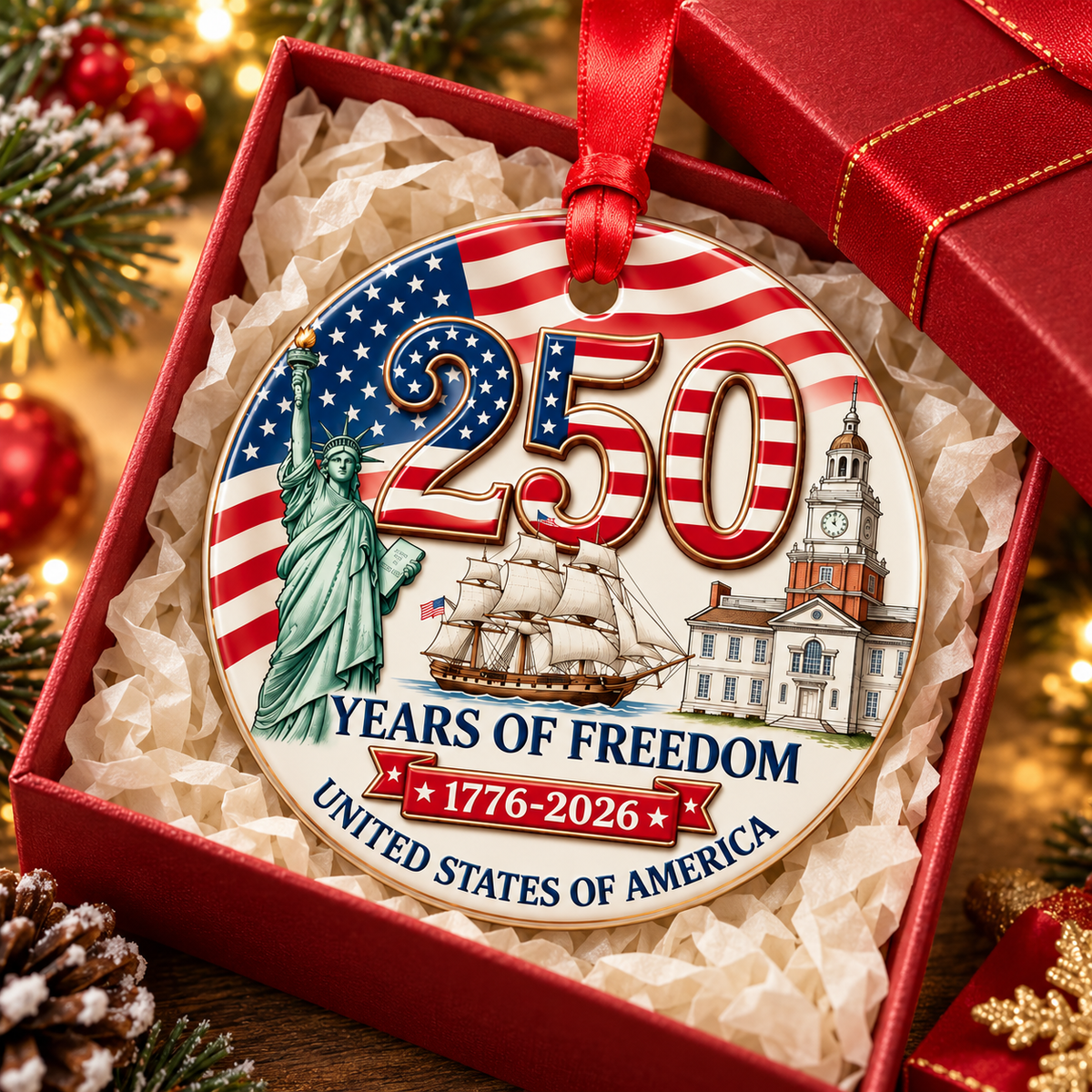 250 Years of Freedom 2026 3-Inch American Flag Christmas Ornament