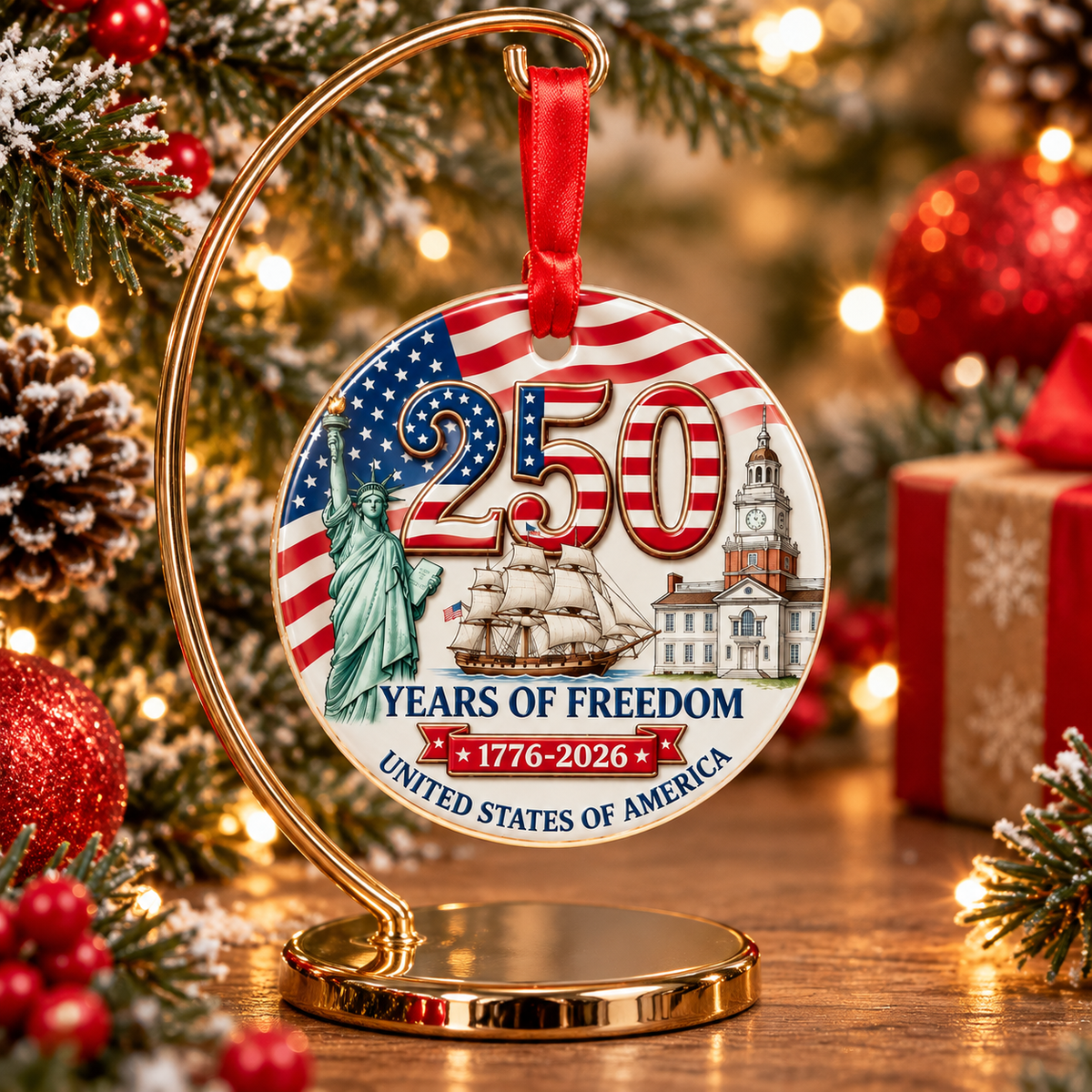 250 Years of Freedom 2026 3-Inch American Flag Christmas Ornament