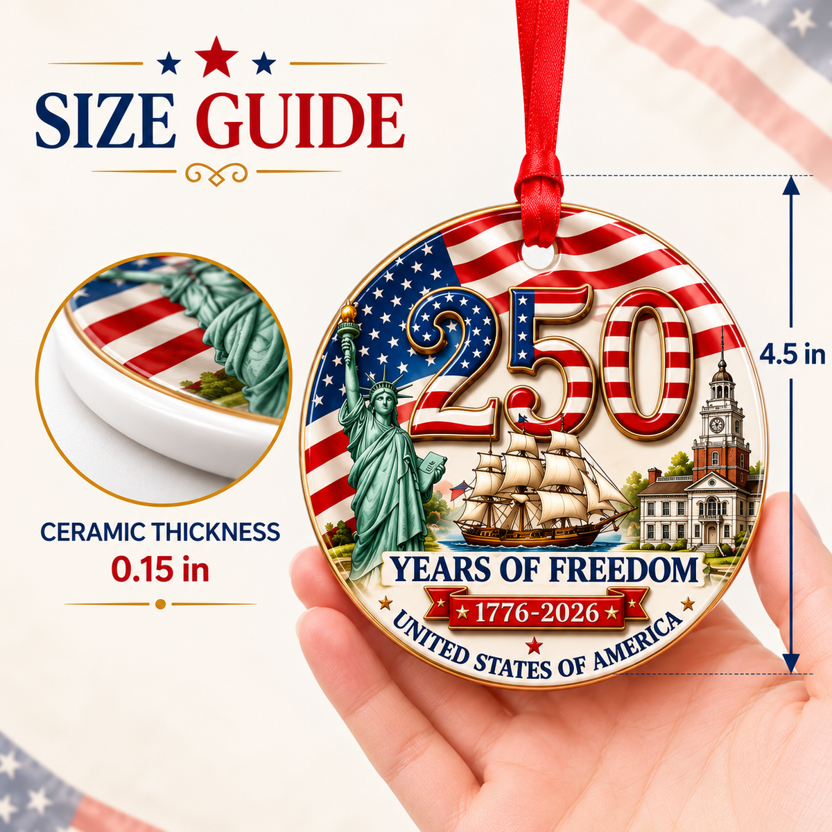 250 Years of Freedom 2026 3-Inch American Flag Christmas Ornament