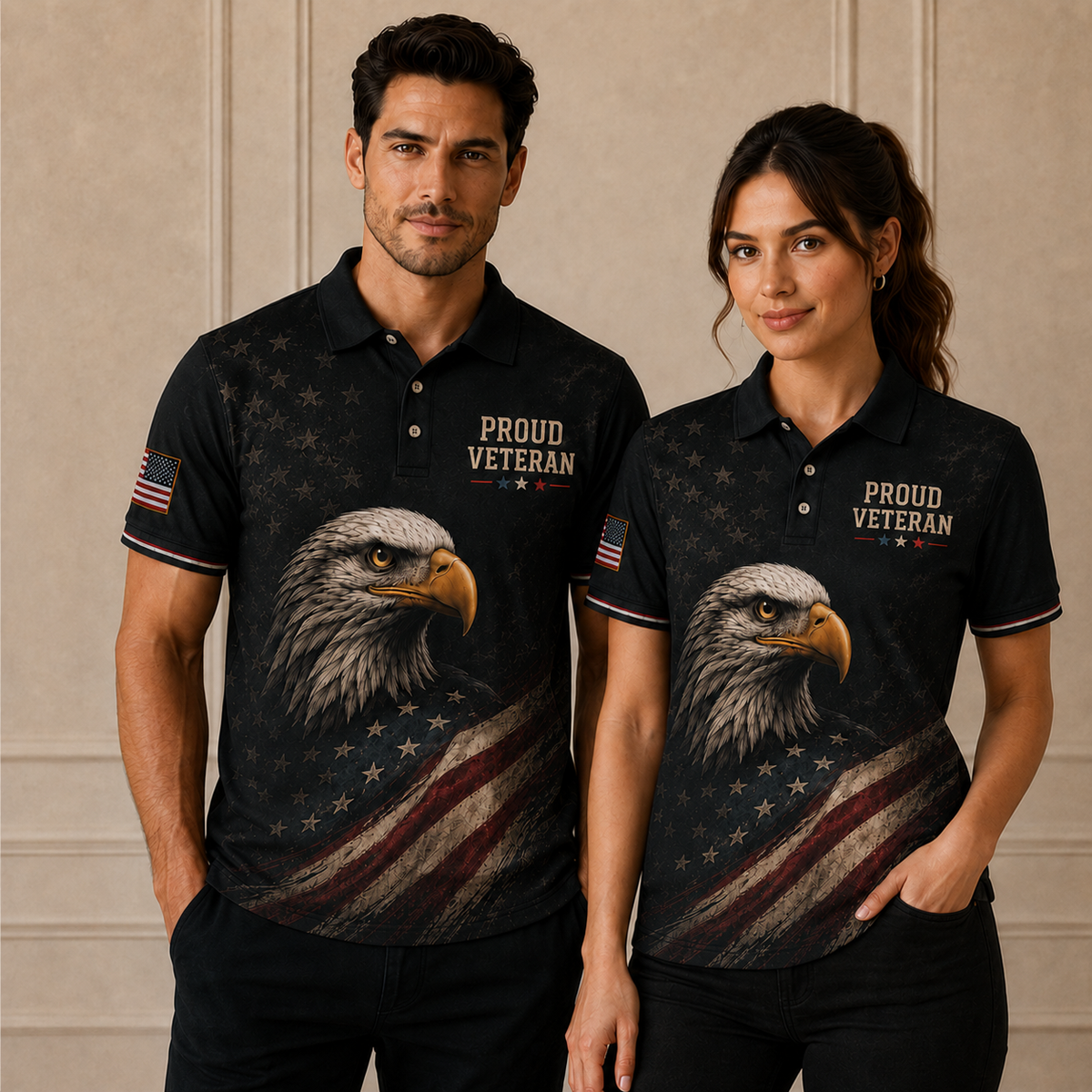 Proud Veteran Eagle Polo Shirt – Black American Flag Patriotic Military Tribute Polo