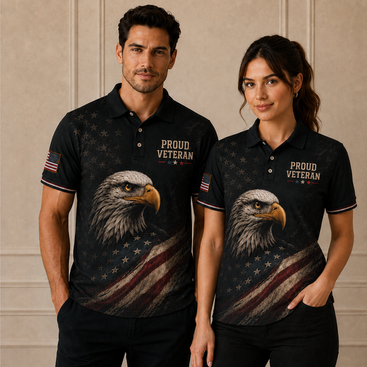 Proud Veteran Eagle Polo Shirt – Black American Flag Patriotic Military Tribute Polo