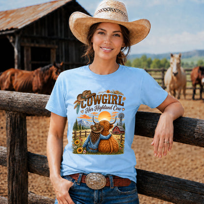 Cowgirl and Highland Cow Sunset Western -Unisex Tshirt /Hoodie/Sweatshirt