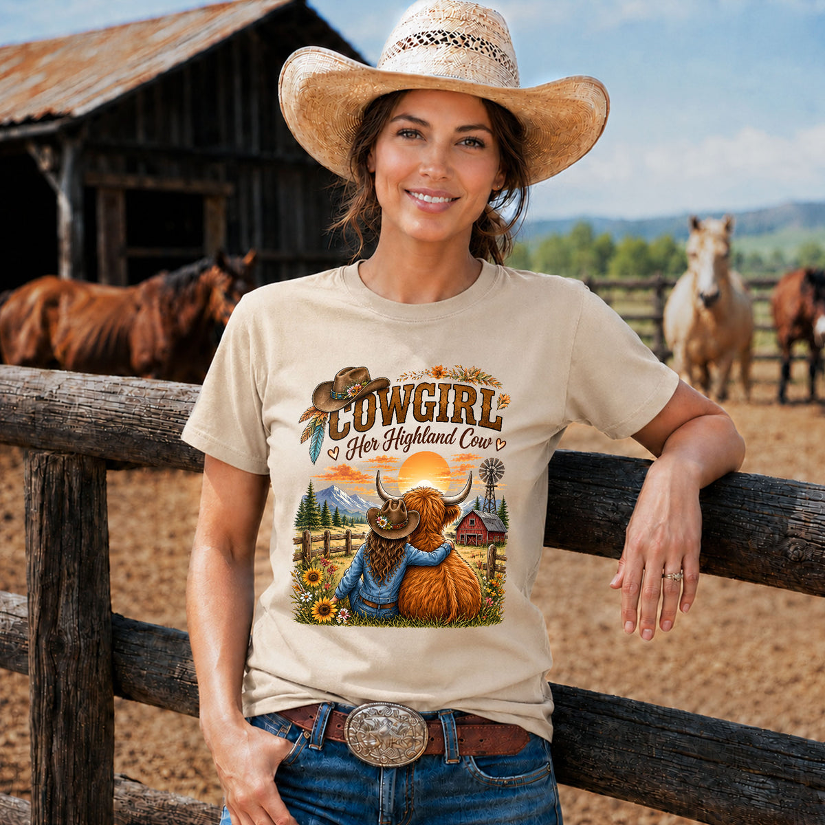 Cowgirl and Highland Cow Sunset Western -Unisex Tshirt /Hoodie/Sweatshirt