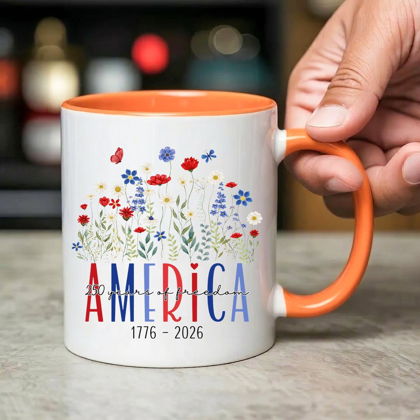 America 250 Years Floral Freedom Mug – Patriotic Wildflower Design (1776–2026)