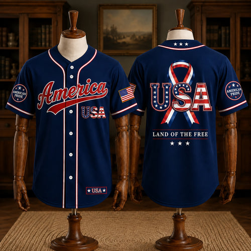 America USA Baseball Jersey, Patriotic Fourth of July Shirt, Land of the Free, American Pride Gift for Men and Women