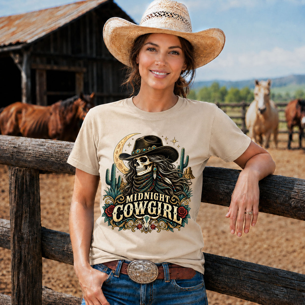 Midnight Cowgirl Western Skeleton Graphic T-Shirt-Unisex Tshirt /Hoodie/Sweatshirt