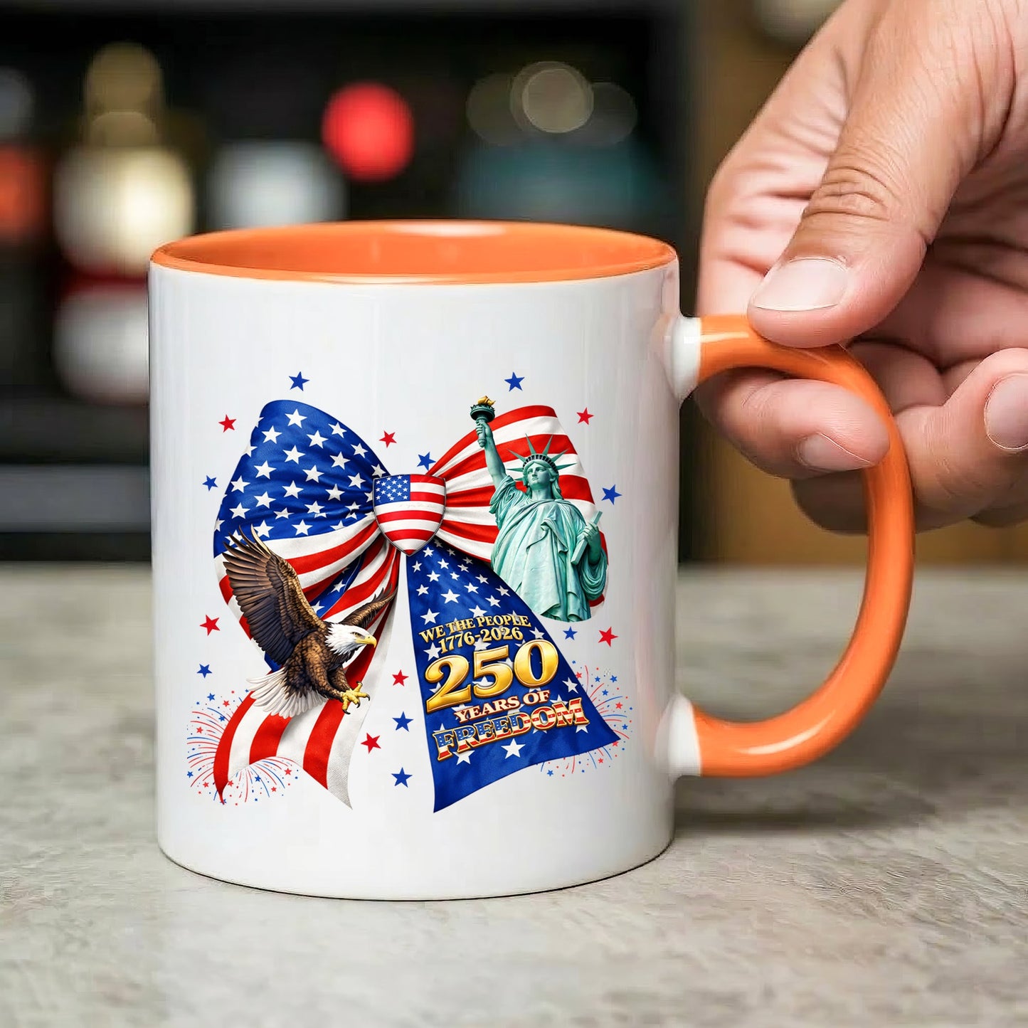 We The People 250 Years of Freedom Patriotic Bow Statue of Liberty Eagle Accent Coffee Mug
