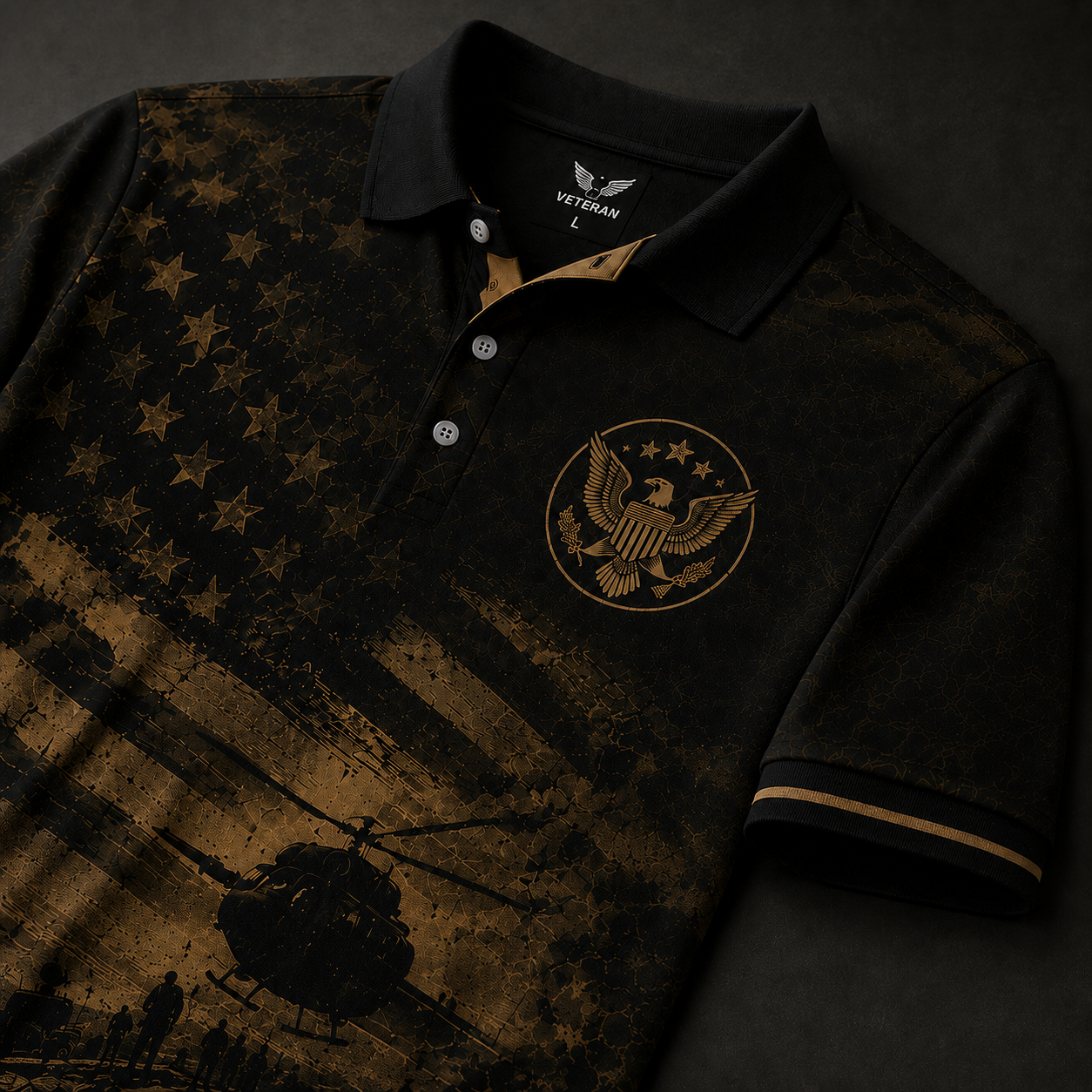 Black Veteran Helicopter Polo Shirt – American Flag Military Tribute Shirt