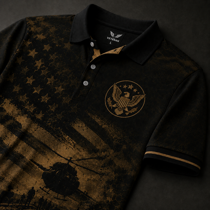 Black Veteran Helicopter Polo Shirt – American Flag Military Tribute Shirt