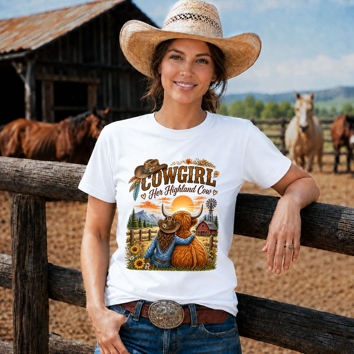 Cowgirl and Highland Cow Sunset Western -Unisex Tshirt /Hoodie/Sweatshirt