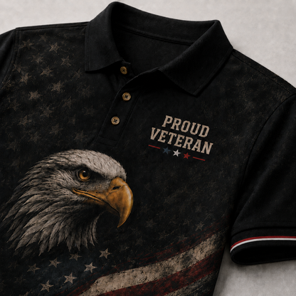 Proud Veteran Eagle Polo Shirt – Black American Flag Patriotic Military Tribute Polo