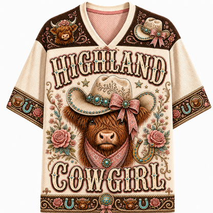 Highland Cowgirl Mesh Jersey – Western Highland Cow with Cowboy Hat
