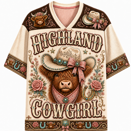 Highland Cowgirl Mesh Jersey – Western Highland Cow with Cowboy Hat
