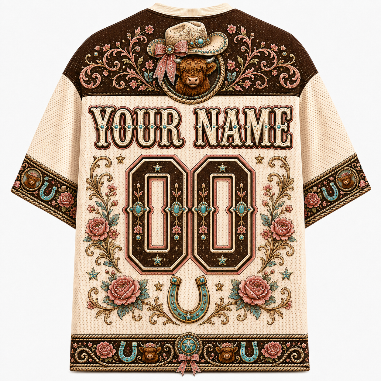 Highland Cowgirl Mesh Jersey – Western Highland Cow with Cowboy Hat