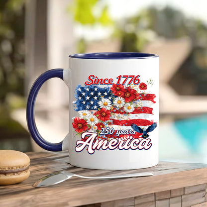 Since 1776 America 250 Years Mug – Patriotic Flag & Floral Eagle Design