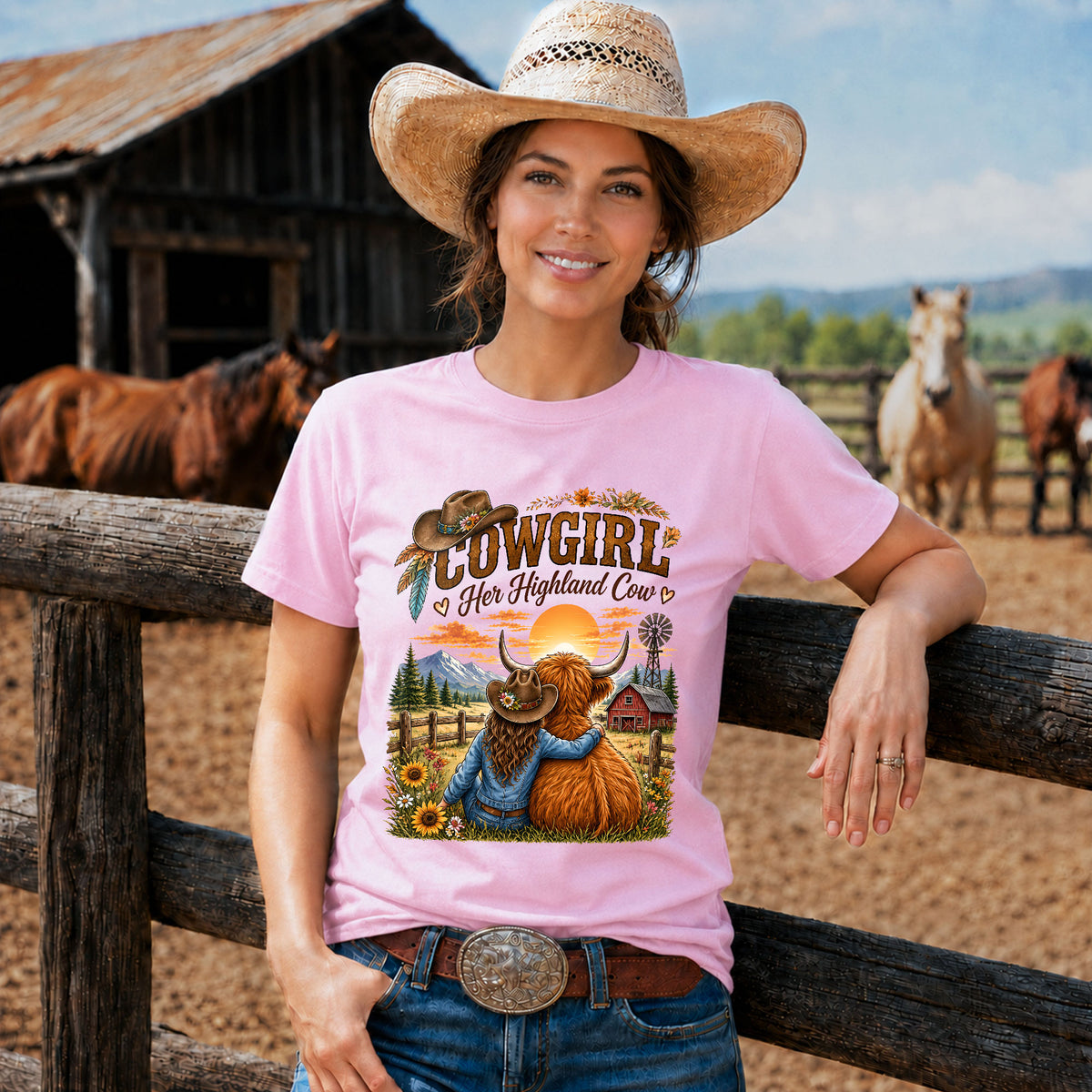 Cowgirl and Highland Cow Sunset Western -Unisex Tshirt /Hoodie/Sweatshirt