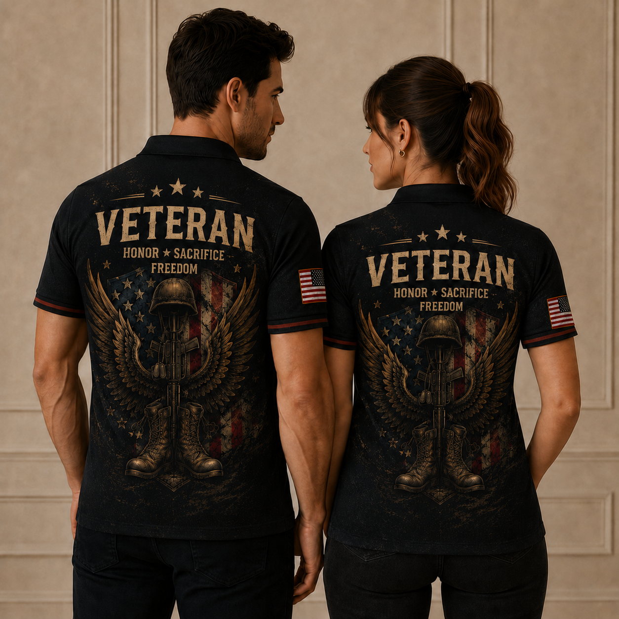 Proud Veteran Eagle Polo Shirt – Black American Flag Military Tribute Polo