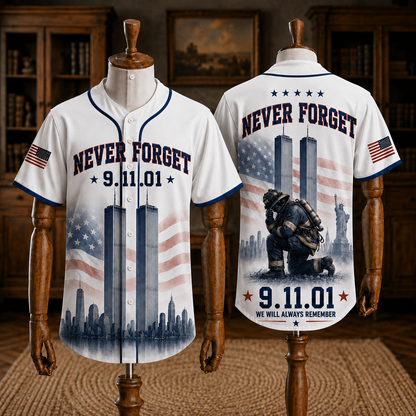 Never Forget 9/11 Memorial Baseball Jersey - Twin Towers & Firefighter Tribute