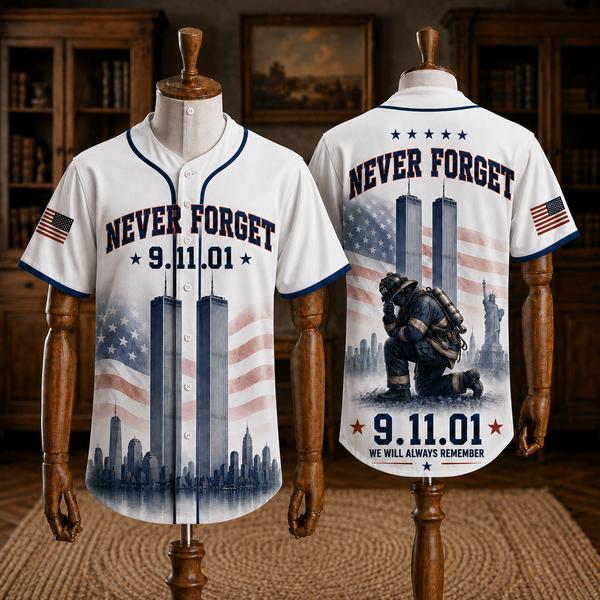 Never Forget 9/11 Memorial Baseball Jersey - Twin Towers & Firefighter Tribute