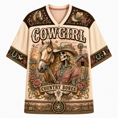 Cowgirl Country Bones Mesh Jersey – Vintage Western Skeleton Cowgirl & Horse