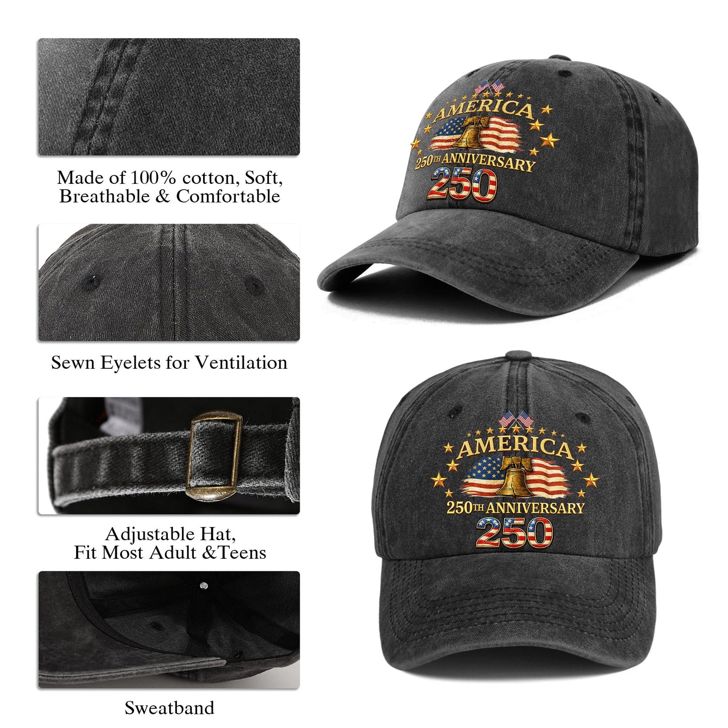 Personalized 250th Anniversary Washed Baseball Cap – Custom Name & USA Flag, 1776-2026