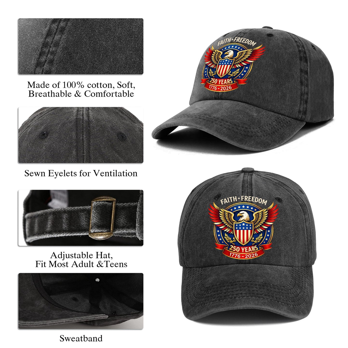 American 250th Anniversary Baseball Cap - Personalized Eagle Faith Freedom USA 1776 - 2026