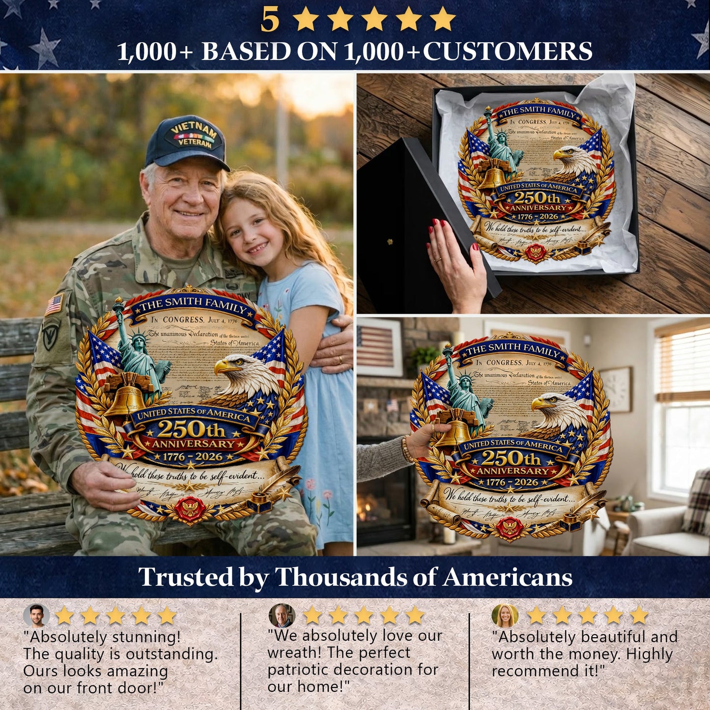 Custom Family Name Wood Sign - Declaration of Independence, American Eagle & Statue of Liberty