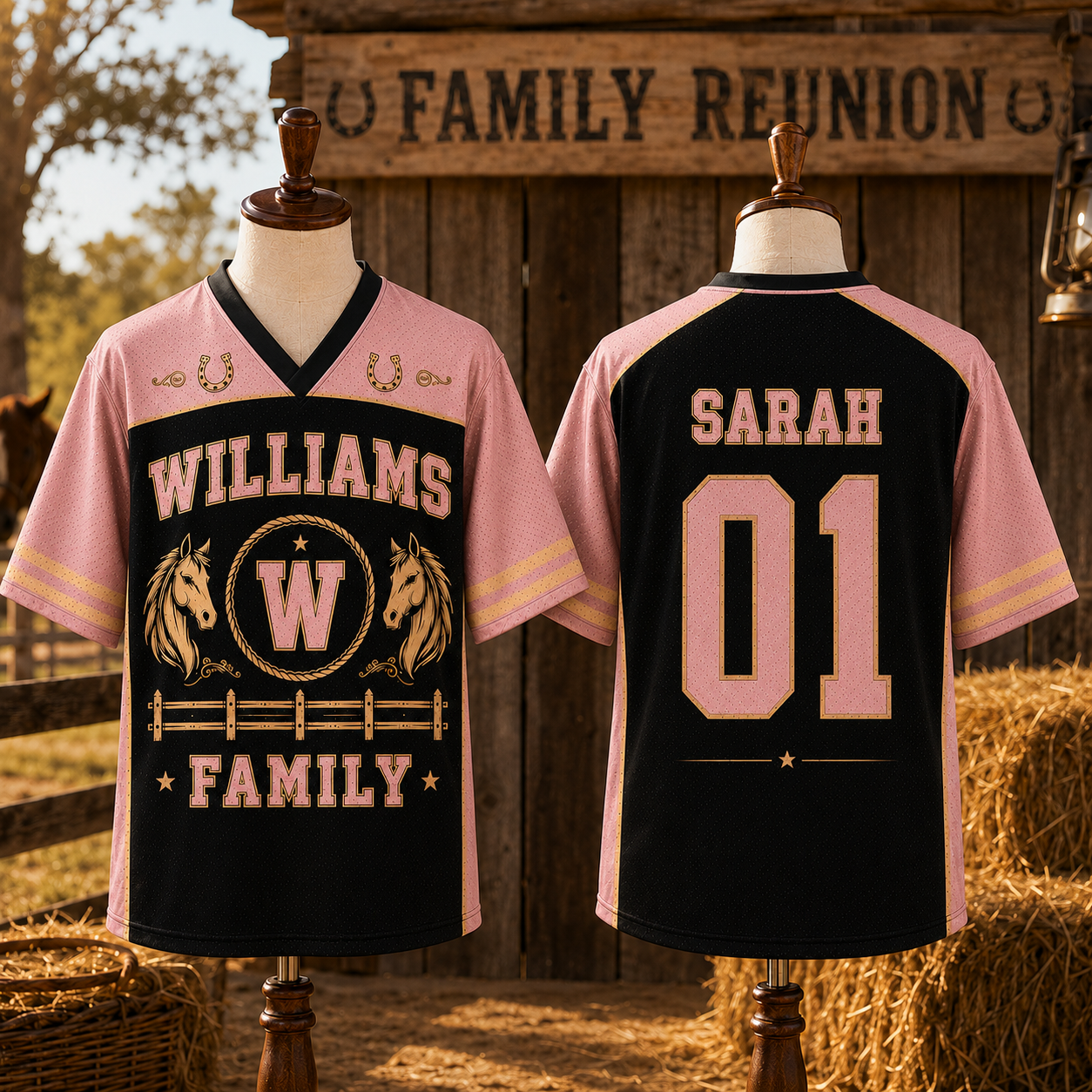 Custom Pink Ranch Horse Family Reunion Mesh Jersey – Personalized Family Name, Individual Name & Number