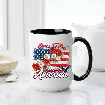 Since 1776 America 250 Years Mug – Patriotic Flag & Floral Eagle Design