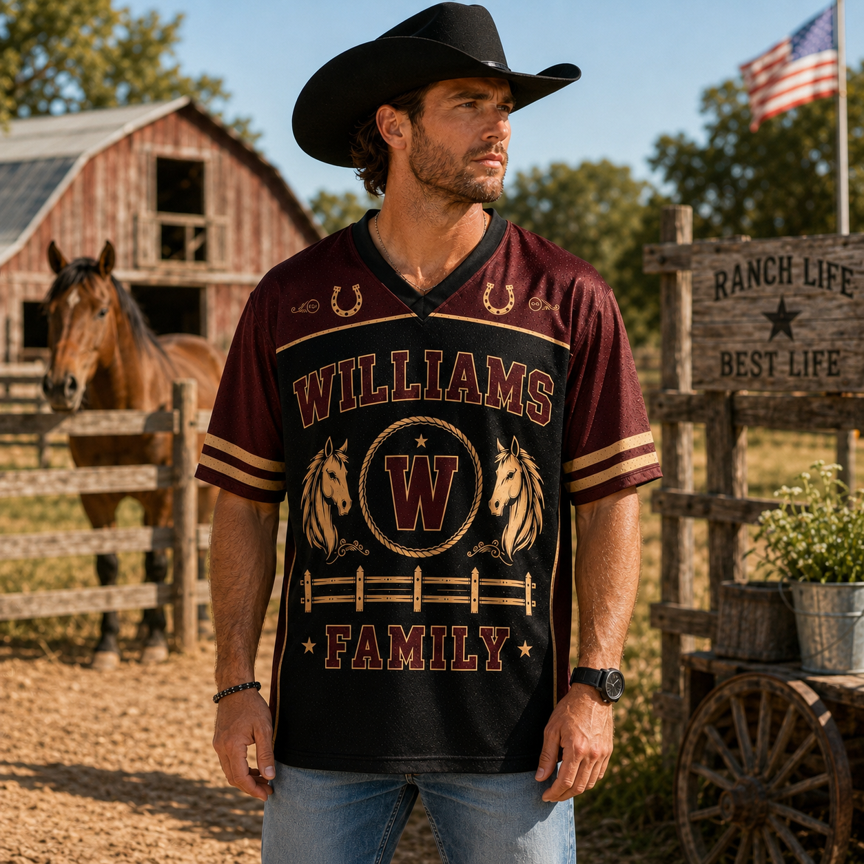 Custom Pink Ranch Horse Family Reunion Mesh Jersey – Personalized Family Name, Individual Name & Number