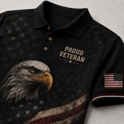 Proud Veteran Eagle Polo Shirt – Black American Flag Patriotic Military Tribute Polo