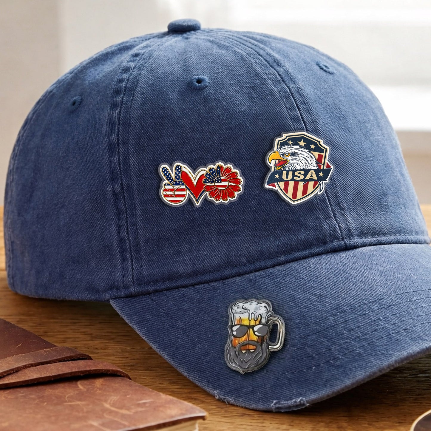 USA Peace Love Freedom Acrylic Pins – Gold Brooch Set for Jackets, Hats & Gifts