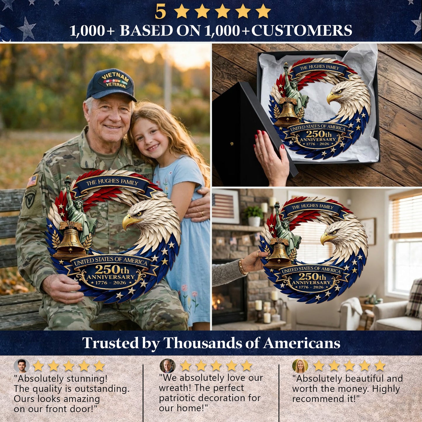 Custom Family Name Wood Sign – America 250th Gifts for Family – Forever United 🇺🇸