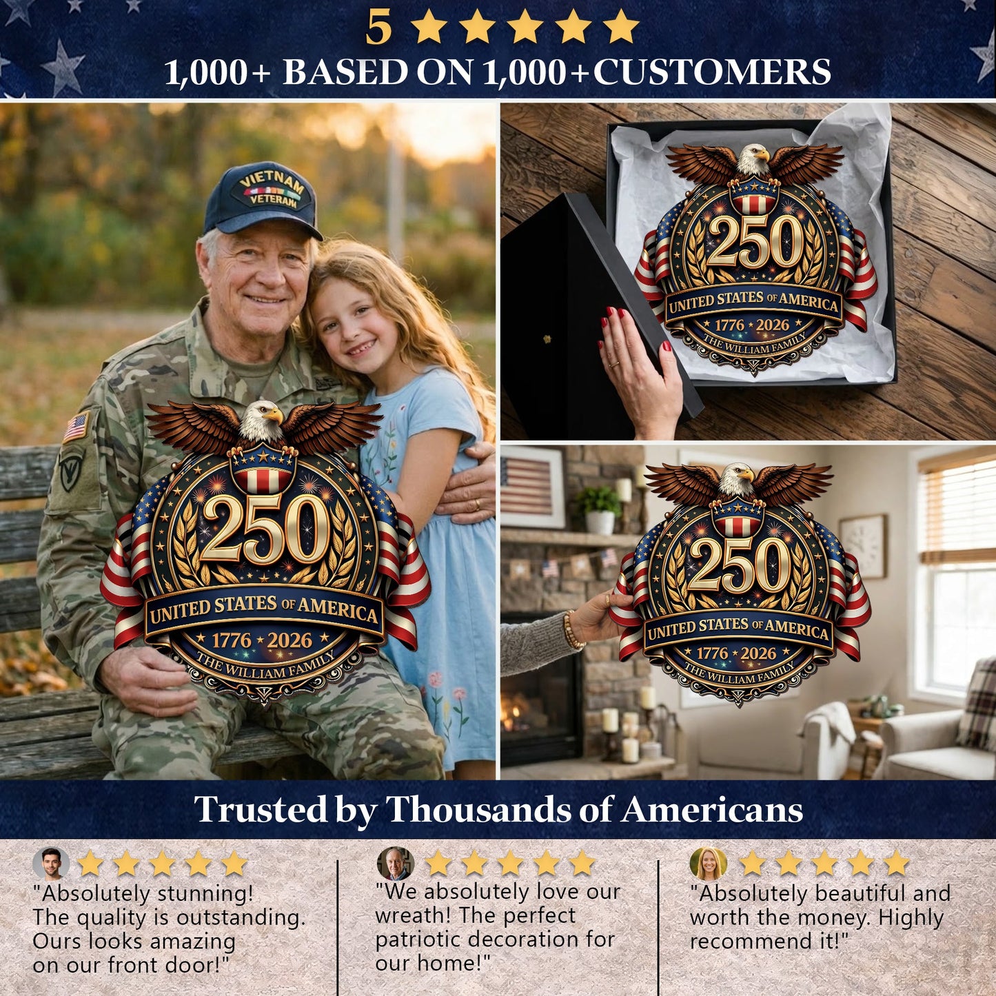 Custom Wood Sign - Personalized America 250th Anniversary Gifts For Mom, Dad, Brother, Sister, Kids