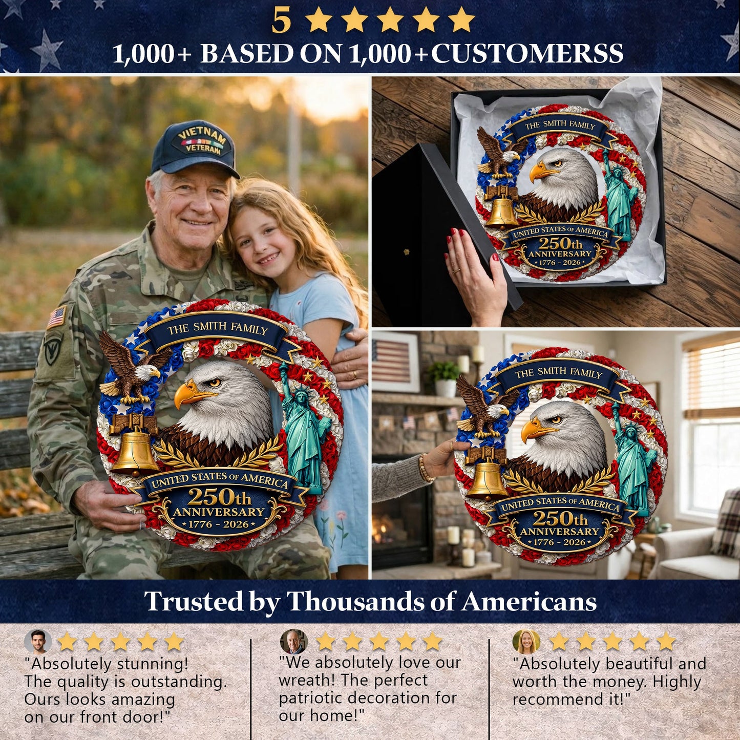 Custom Wood Sign - Personalized America 250th Anniversary Gifts For Mom, Dad, Brother, Sister, Kids