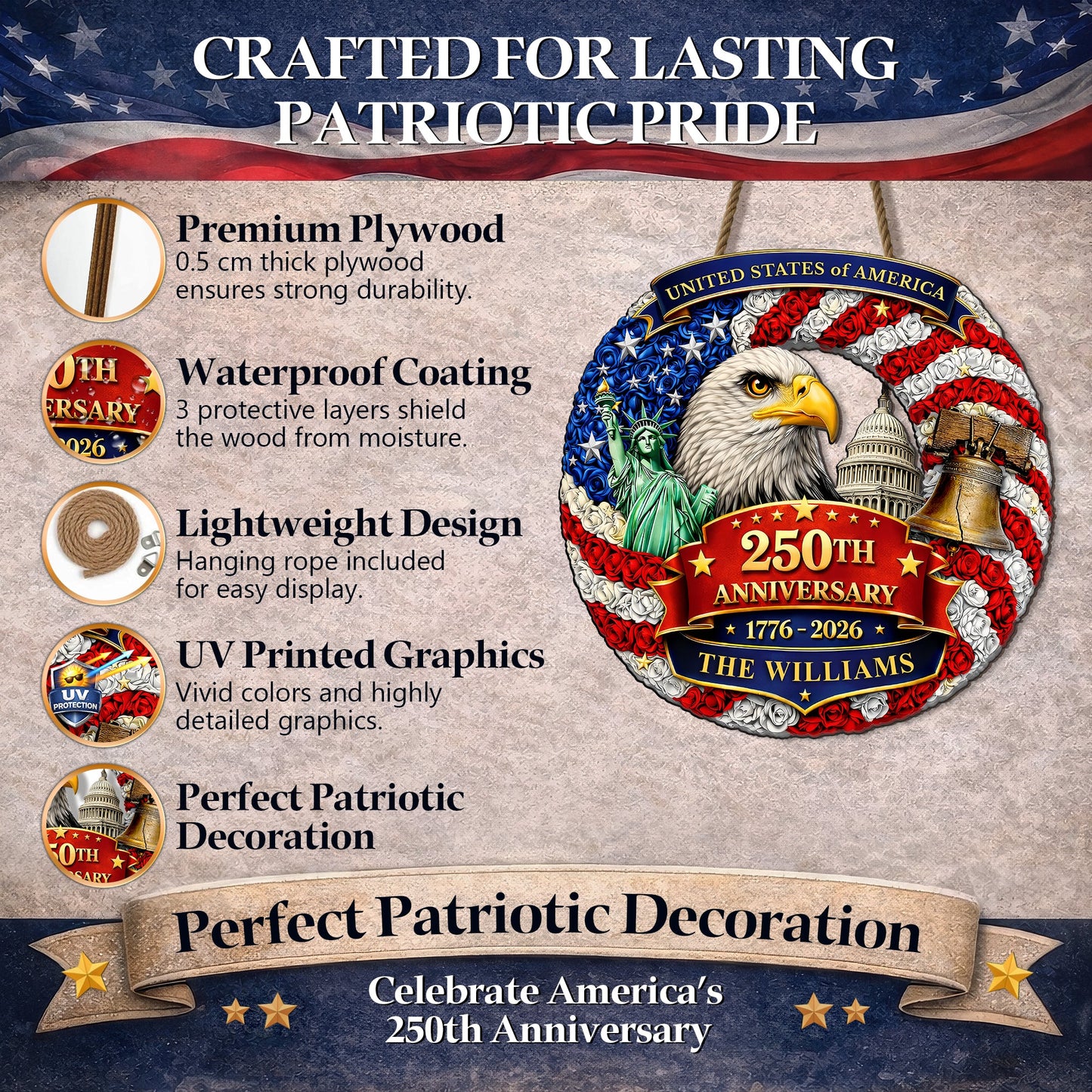 Custom Wood Sign - Personalized America 250th Anniversary Gifts For Mom, Dad, Brother, Sister, Kid