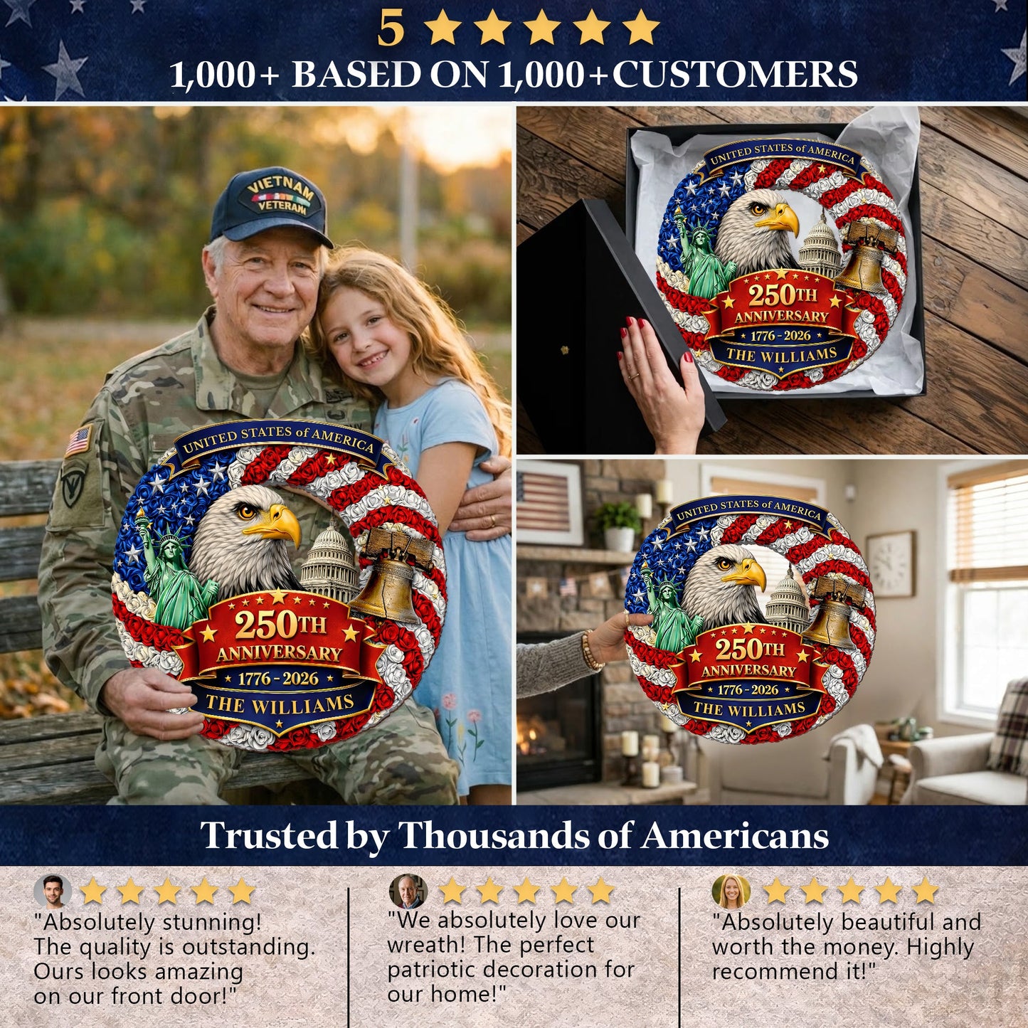 Custom Wood Sign - Personalized America 250th Anniversary Gifts For Mom, Dad, Brother, Sister, Kid