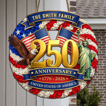 Custom Family Name Wood Sign- Personalized America 250th Anniversary Gifts For Mom, Dad, Brother, Sister, Kids - Family Forever United