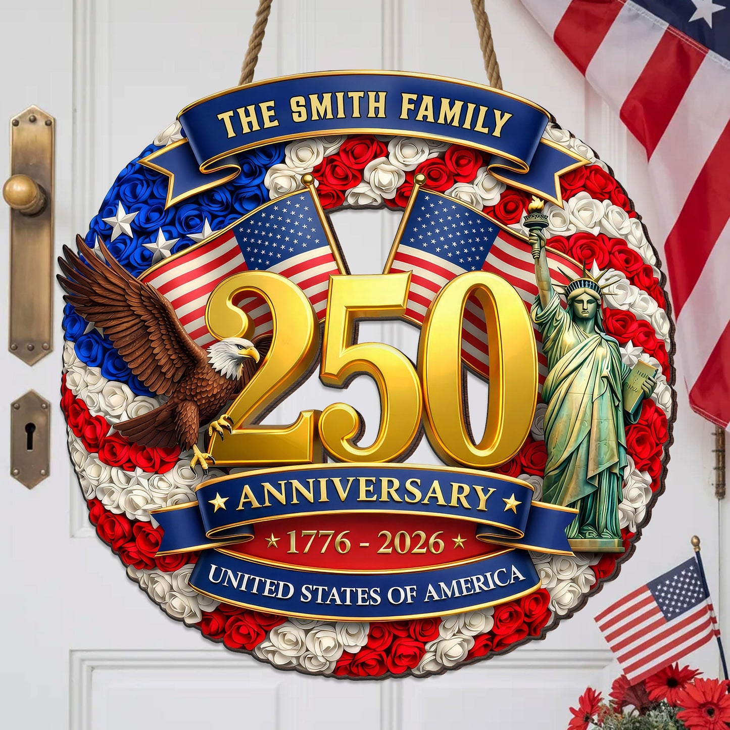 Custom Family Name Wood Sign- Personalized America 250th Anniversary Gifts For Mom, Dad, Brother, Sister, Kids - Family Forever United