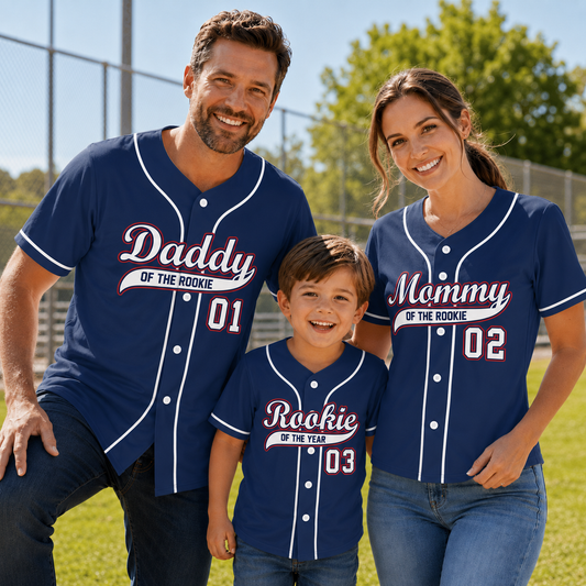 Personalized Navy Family Baseball Jerseys – Daddy, Mommy & Rookie Custom Name and Number Shirts